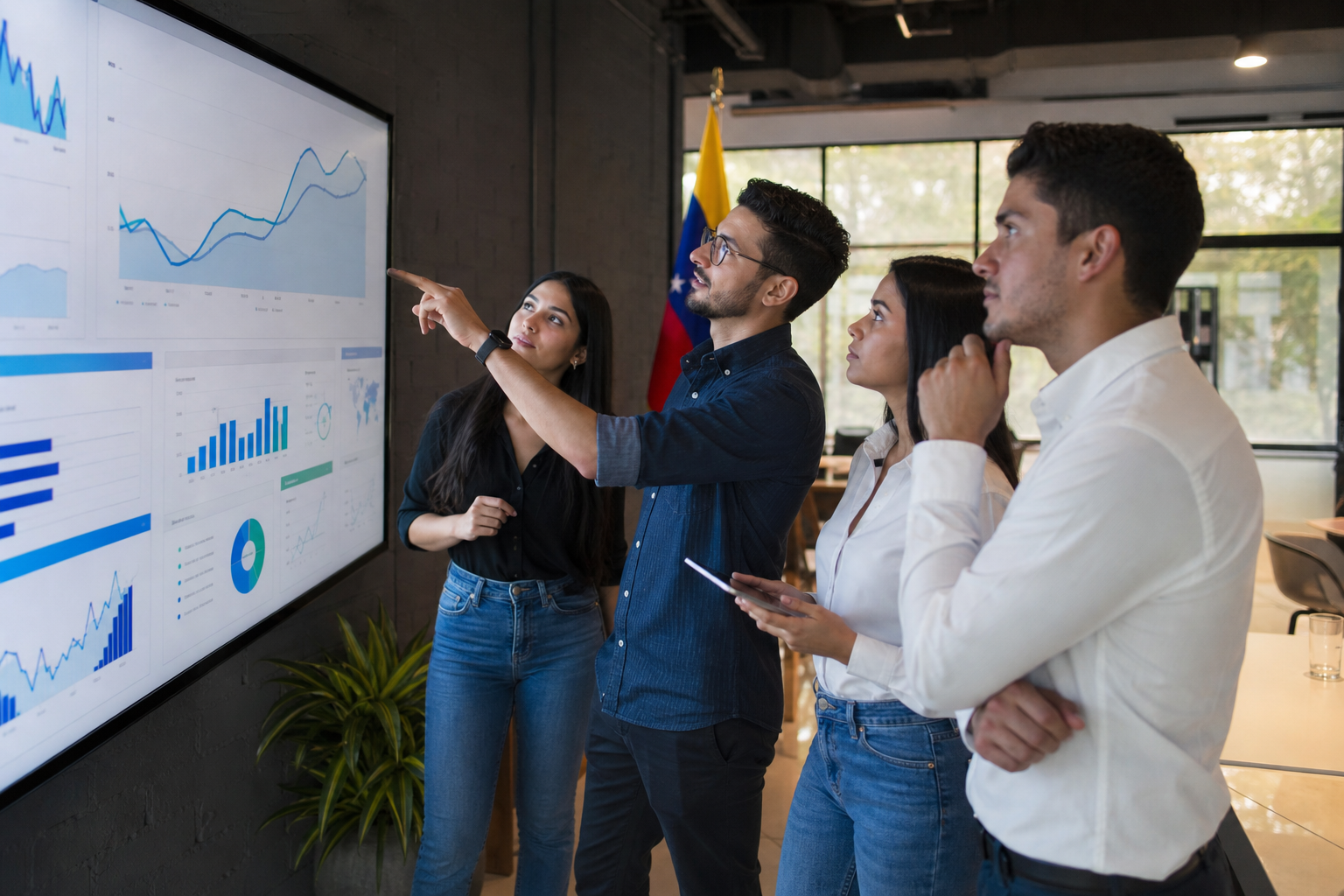 Foto real de equipo de marketing revisando crecimiento de afiliados