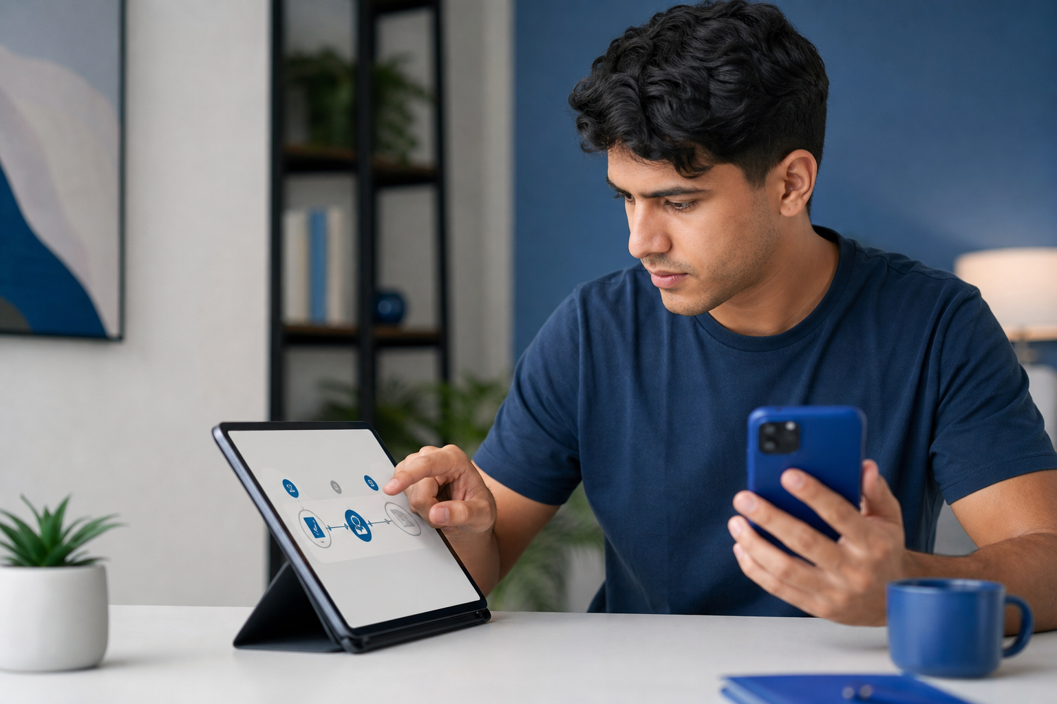 Usuario siguiendo un flujo digital paso a paso en una aplicación